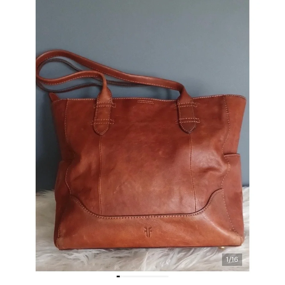 Frye  Lucy Side Pocket Leather Tote Bag Women OS Cognac Brown Pebbled Zip Top